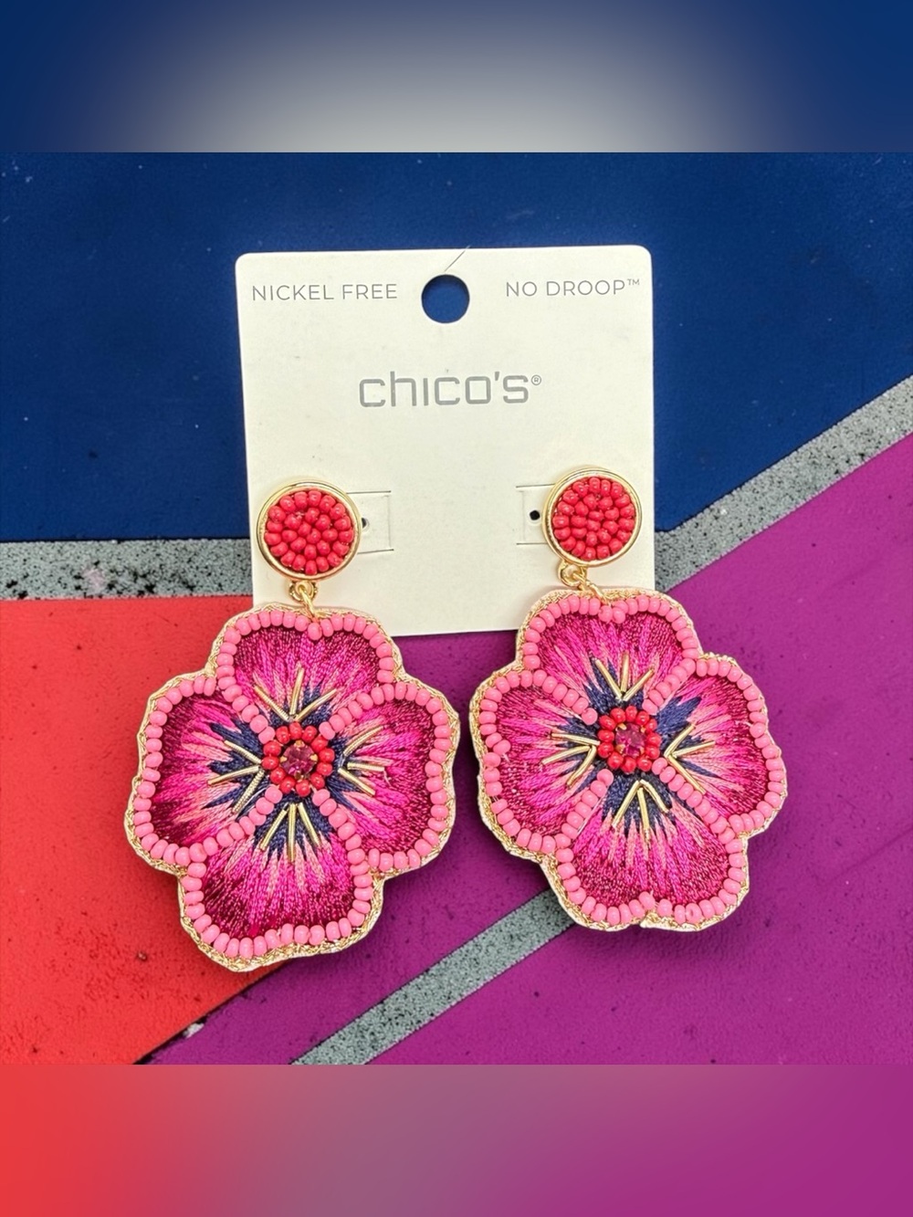 ā„ļøšš©·CHICOāSā„ļøšš©·Boho Fuscia, Navy, & Red Floral Beaded Drop Earrings/NWT